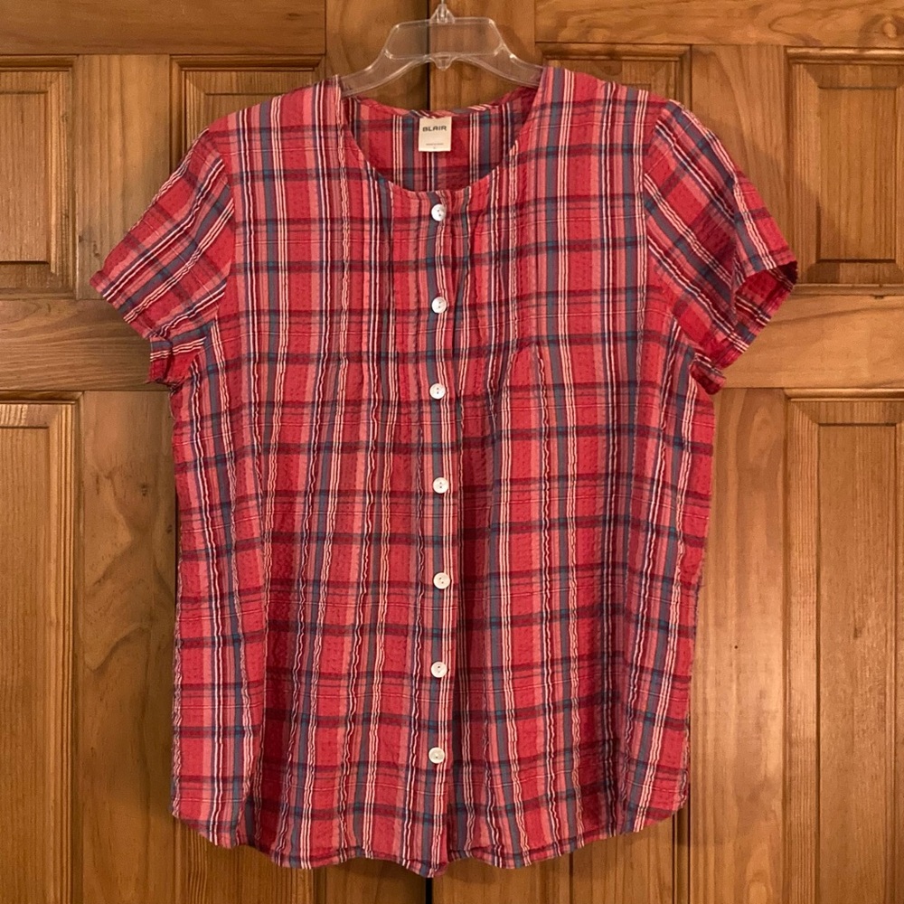 NWOT Blair Top Short Sleeve Blouse Red Pink Blue Women's Size L Large